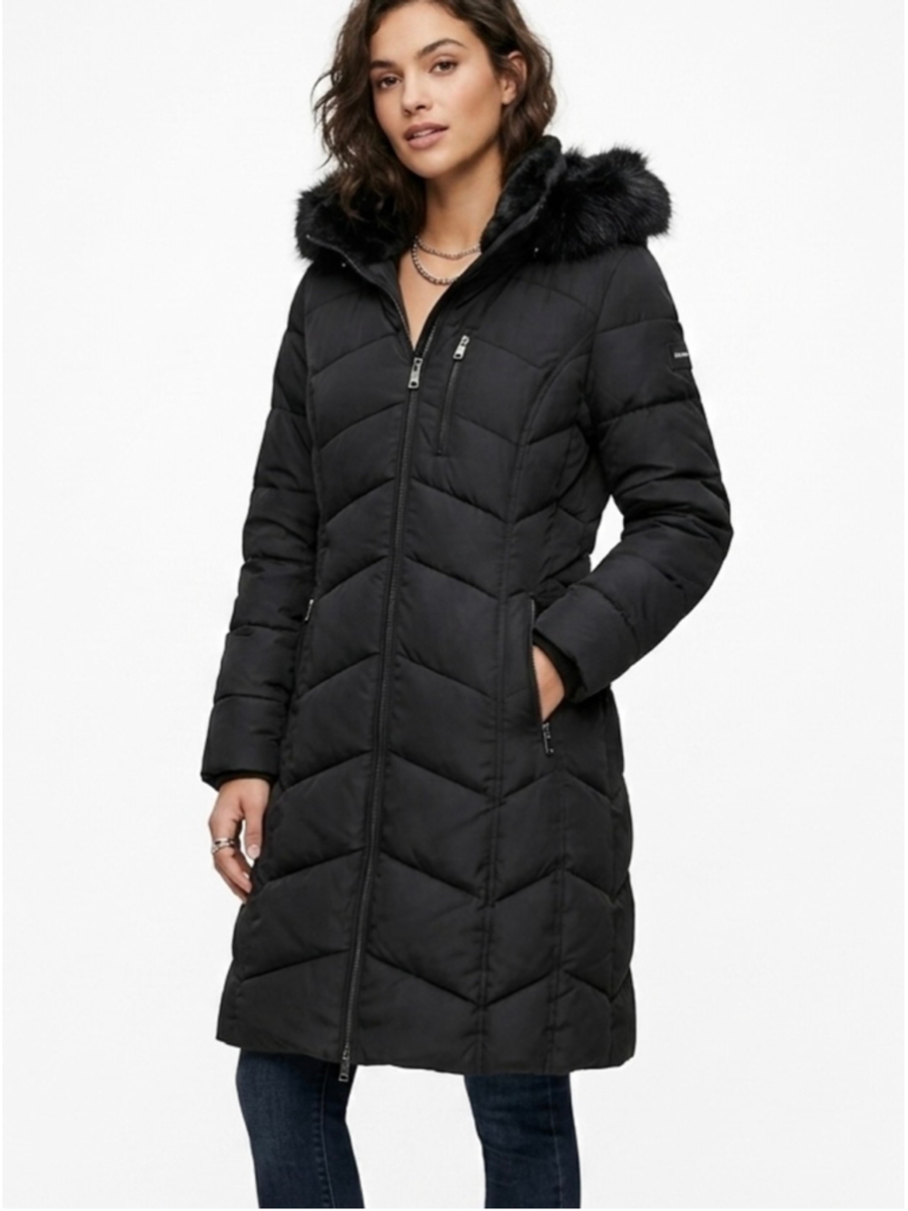 Women's Calvin Klein Black Puffer Long Coat Size L warm, winter